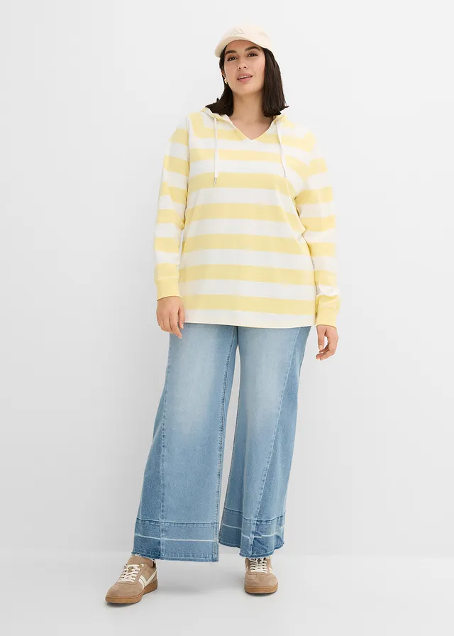 T-shirt manches longues à capuche 100% coton, Couleur: jaune clair-écru rayé