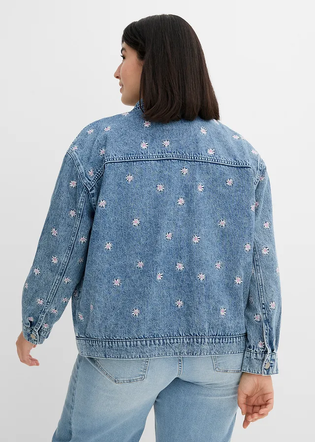 Veste en jean avec fleurs brodées, Couleur: bleu clair denim used