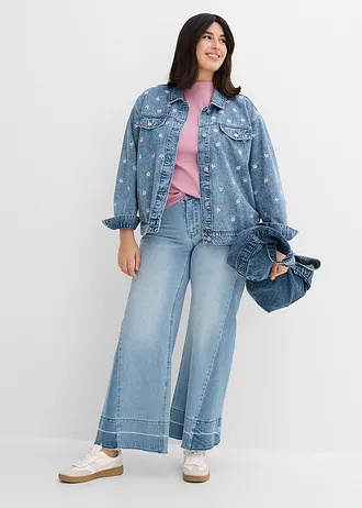 Džínová bunda s květinovou výšivkou, barva: světle modrý denim used