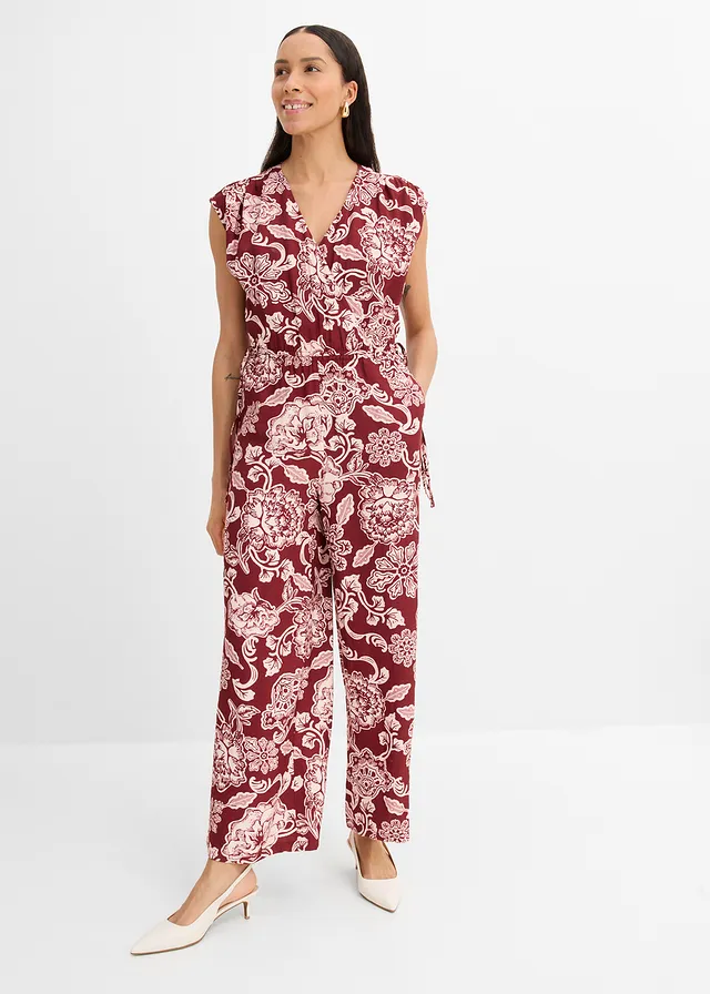 Jumpsuit, Kleur: robijnrood-lichtroze gebloemd