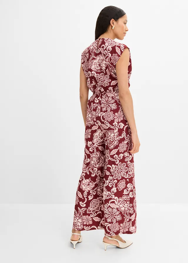Jumpsuit, Kleur: robijnrood-lichtroze gebloemd