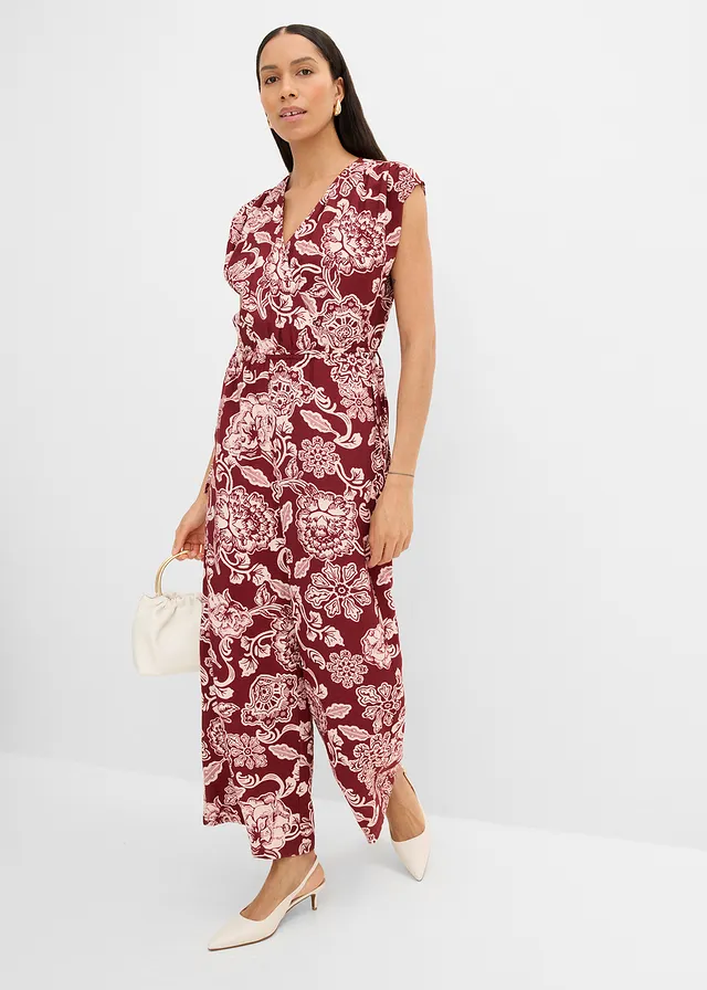 Jumpsuit, Kleur: robijnrood-lichtroze gebloemd