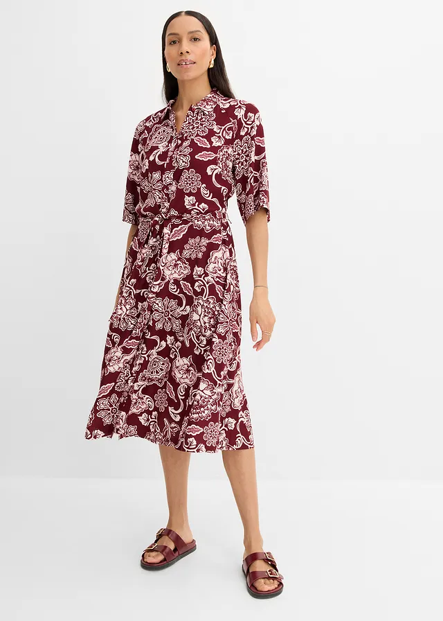 Robe-chemise en viscose fluide, Couleur: rouge rubis-rose clair floral