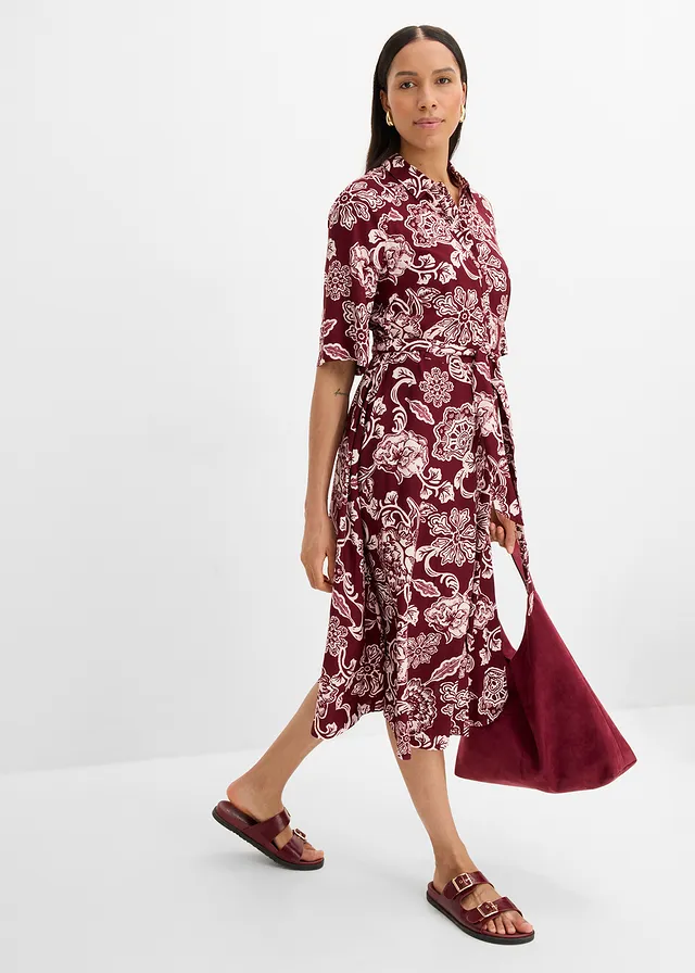 Robe-chemise en viscose fluide rouge rubis-rose clair floral