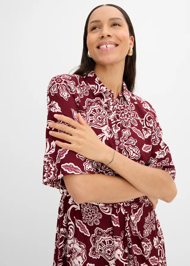 Robe-chemise en viscose fluide • rouge rubis-rose clair floral • product-page.page-title-suffix