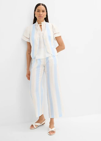 Spodnie palazzo z imitacji lnu, kolor: biel wełny - jasnoniebieski w paski