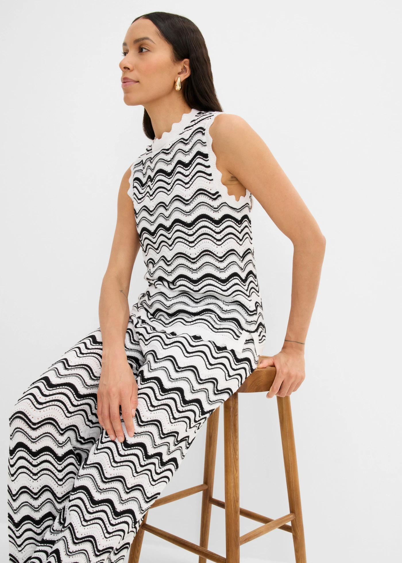 Gebreide broek • wolwit-zwart • bonprix online shop