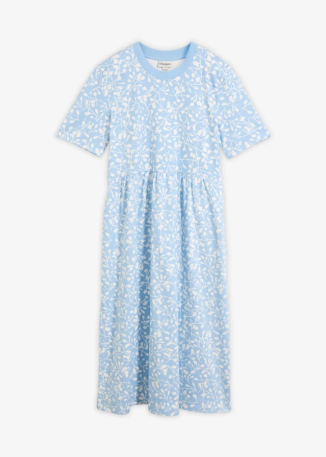 Rochie din jerse evazată, din bumbac gros organic • bleu-ecru cu imprimeu • magazin bonprix