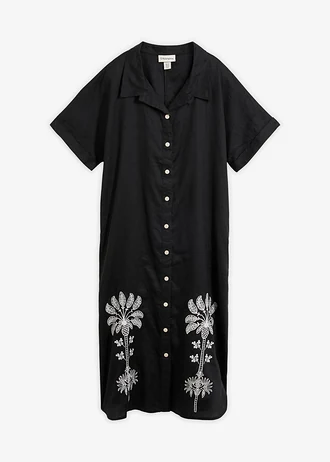 Robe caftan 100% lin avec broderie, Couleur: noir-écru