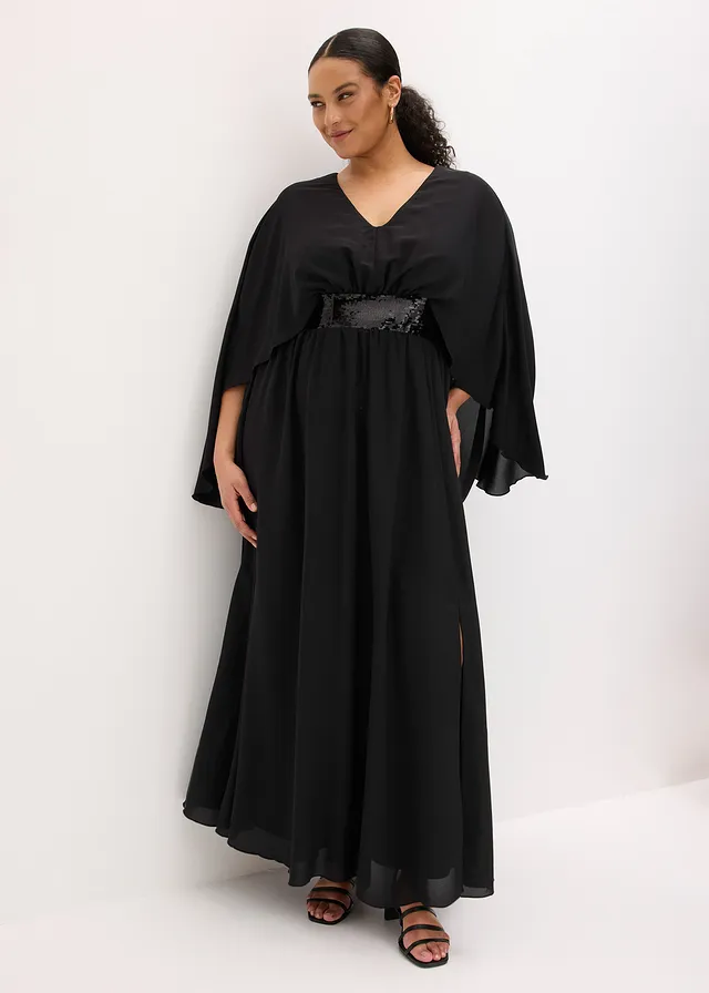 Avondjurk van fijn chiffon met inzetstuk met pailletten, Kleur: zwart