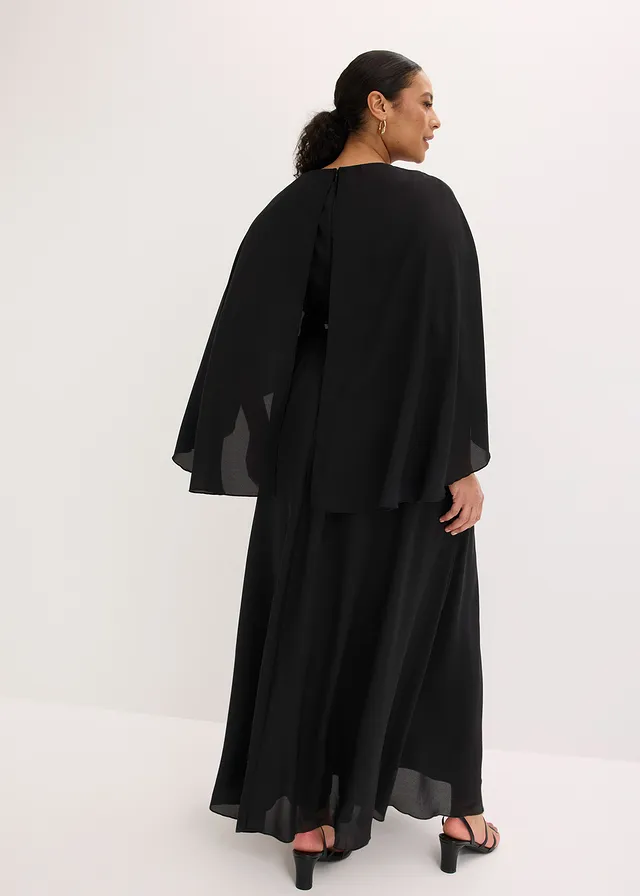 Avondjurk van fijn chiffon met inzetstuk met pailletten, Kleur: zwart