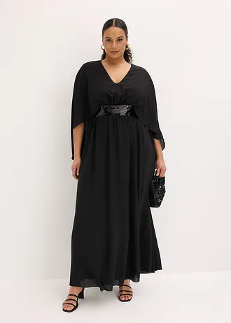 Avondjurk van fijn chiffon met inzetstuk met pailletten, Kleur: zwart