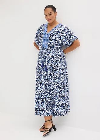 Maxi jurk van jersey, Kleur: wolwit-blauw met print