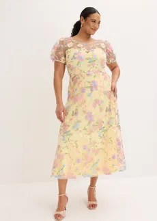 Robe longue avec broderies florales, Couleur: jaune clair floral