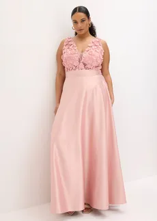 Robe de soirée en satin brillant avec fleurs appliquées, Couleur: rose cendré