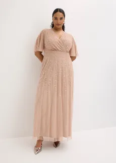 Robe de soirée en tulle délicat à sequins brodés, Couleur: sable