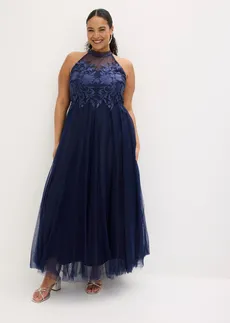 Robe de soirée en tulle délicat avec dentelle, Couleur: bleu foncé