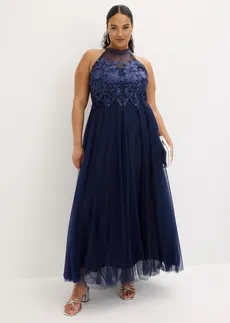 Robe de soirée en tulle délicat avec dentelle, Couleur: bleu foncé