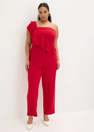 One-shoulder jumpsuit van gestructureerde crêpe, Kleur: donkerrood