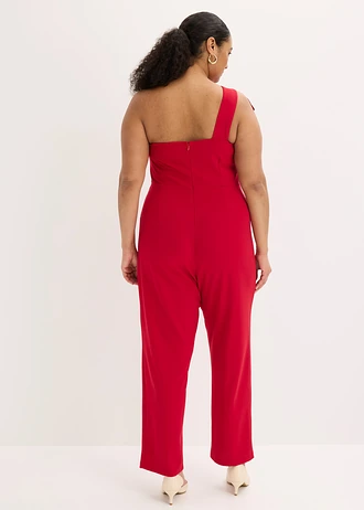 One-shoulder jumpsuit van gestructureerde crêpe, Kleur: donkerrood