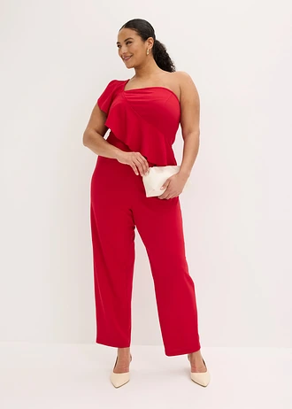 One-shoulder jumpsuit van gestructureerde crêpe, Kleur: donkerrood