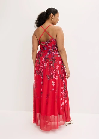Robe longue en tulle délicat avec bretelles, Couleur: rouge floral