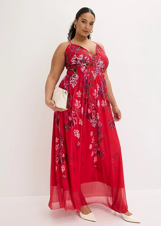 Rochie maxi din tul delicat, cu bretele, culoare: roșu cu flori