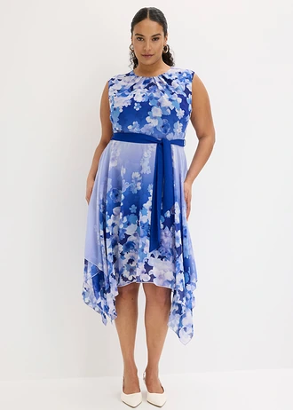 Chiffon jurk met een puntvormige zoom en striklint, Kleur: blauw gebloemd