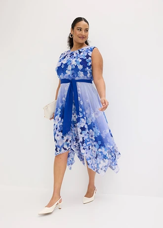 Chiffon jurk met een puntvormige zoom en striklint, Kleur: blauw gebloemd