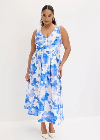 Rochie maxi din satin lucios, culoare: albastru cu flori