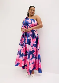 Robe asymétrique en satin brillant, Couleur: bleu-magenta à fleurs