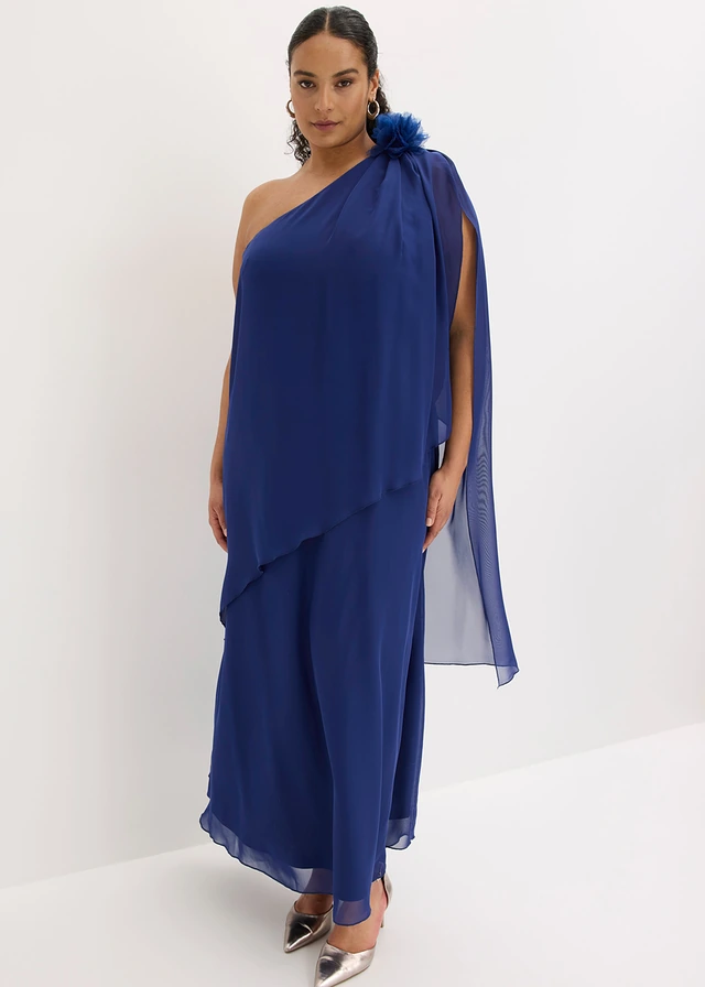 Robe de soirée en mousseline avec fleur appliquée, Couleur: bleu nuit