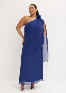 Avondjurk van fijne chiffon met bloemenapplicatie, Kleur: middernachtblauw