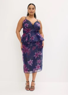 Cocktailjurk van delicate tule met gehaakte rand, Kleur: donkerblauw-paars gebloemd