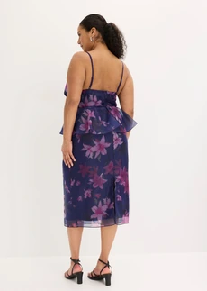 Cocktailjurk van delicate tule met gehaakte rand, Kleur: donkerblauw-paars gebloemd