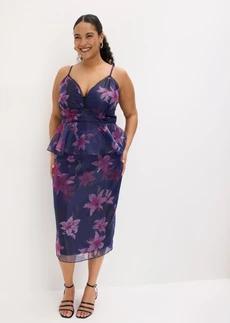 Robe de cocktail en tulle fin avec bordure crochet, Couleur: bleu foncé-violet floral