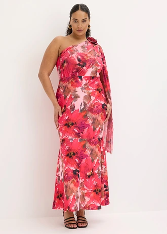 One shoulder galajurk met bloemenapplicatie, Kleur: rood gebloemd