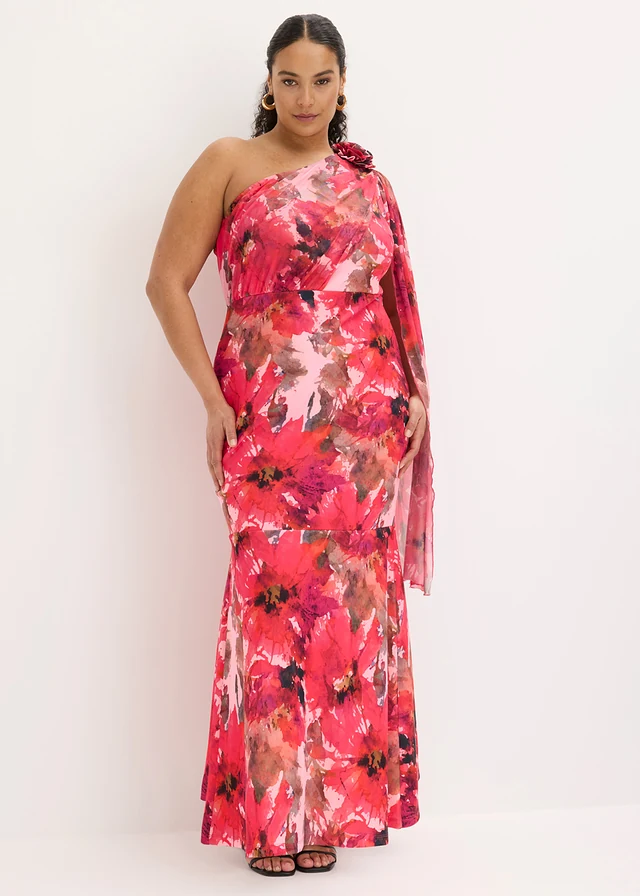 One shoulder galajurk met bloemenapplicatie, Kleur: rood gebloemd
