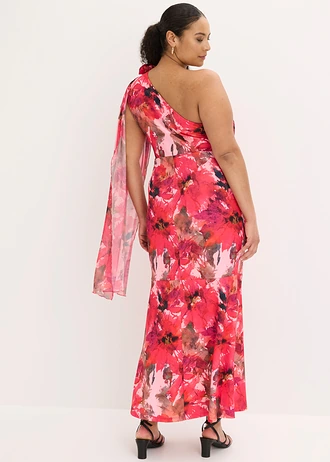 One shoulder galajurk met bloemenapplicatie, Kleur: rood gebloemd