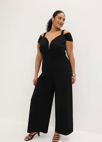 Jumpsuit van gestructureerde crêpe, Kleur: zwart