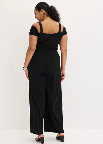 Jumpsuit van gestructureerde crêpe, Kleur: zwart