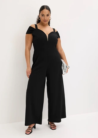 Jumpsuit van gestructureerde crêpe, Kleur: zwart