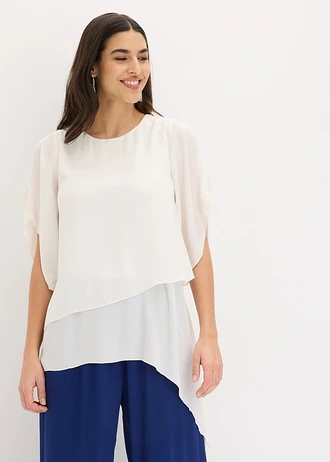 Blouse met puntjes in layerlook, Kleur: wolwit