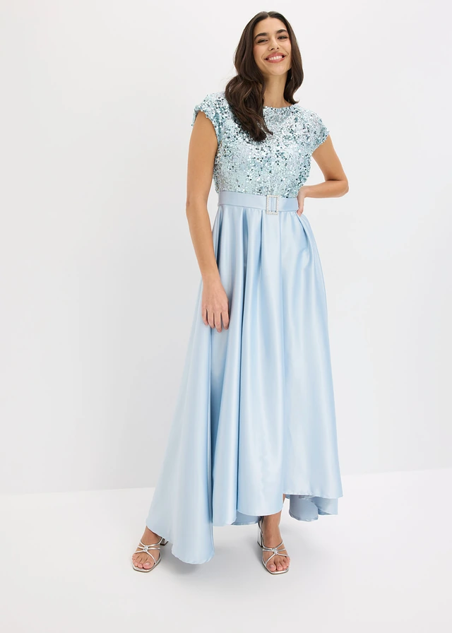 Robe de soirée en satin brillant et sequins, Couleur: bleu poudré