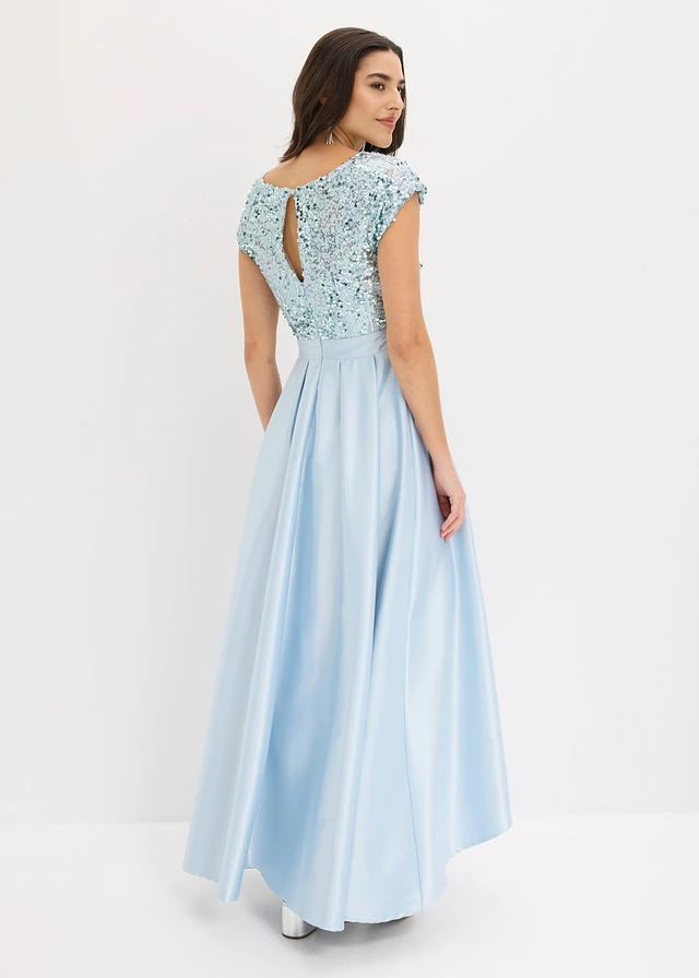 Robe de soirée en satin brillant et sequins, Couleur: bleu poudré