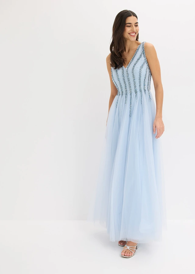 Robe longue en tulle fin avec sequins brodés, Couleur: bleu poudré