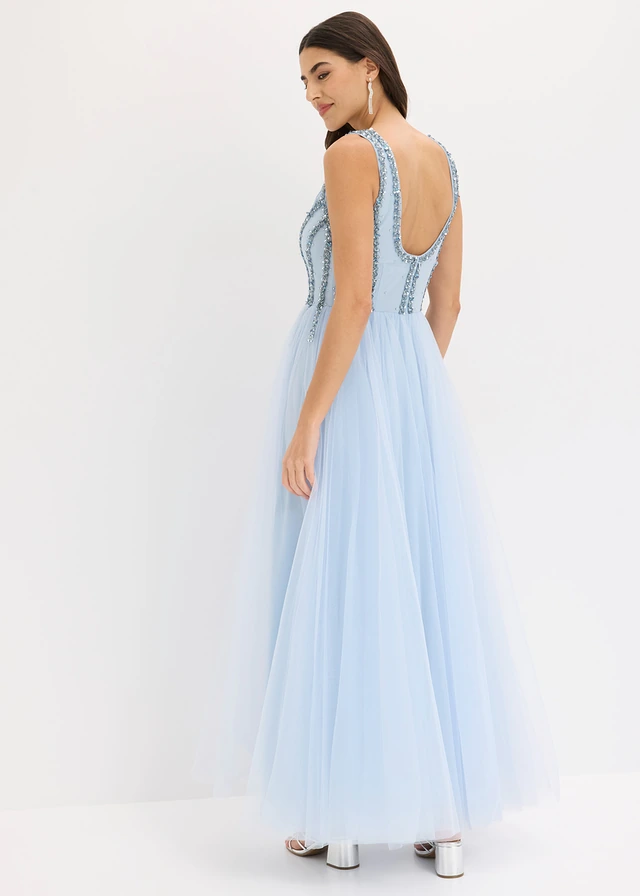 Maxi jurk van fijne tule met paillettenborduursel, Kleur: poederblauw