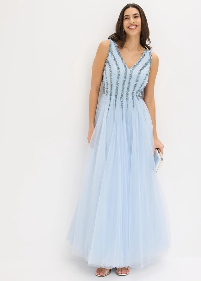 Maxi jurk van fijne tule met paillettenborduursel, Kleur: poederblauw