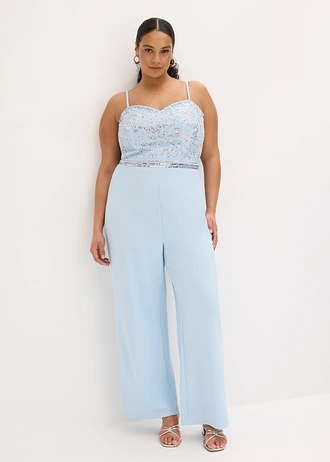 Jumpsuit van gestructureerde crêpe met parelborduursel, Kleur: poederblauw