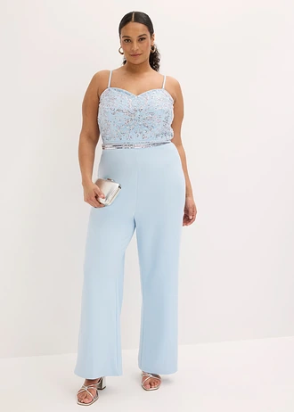 Jumpsuit van gestructureerde crêpe met parelborduursel, Kleur: poederblauw